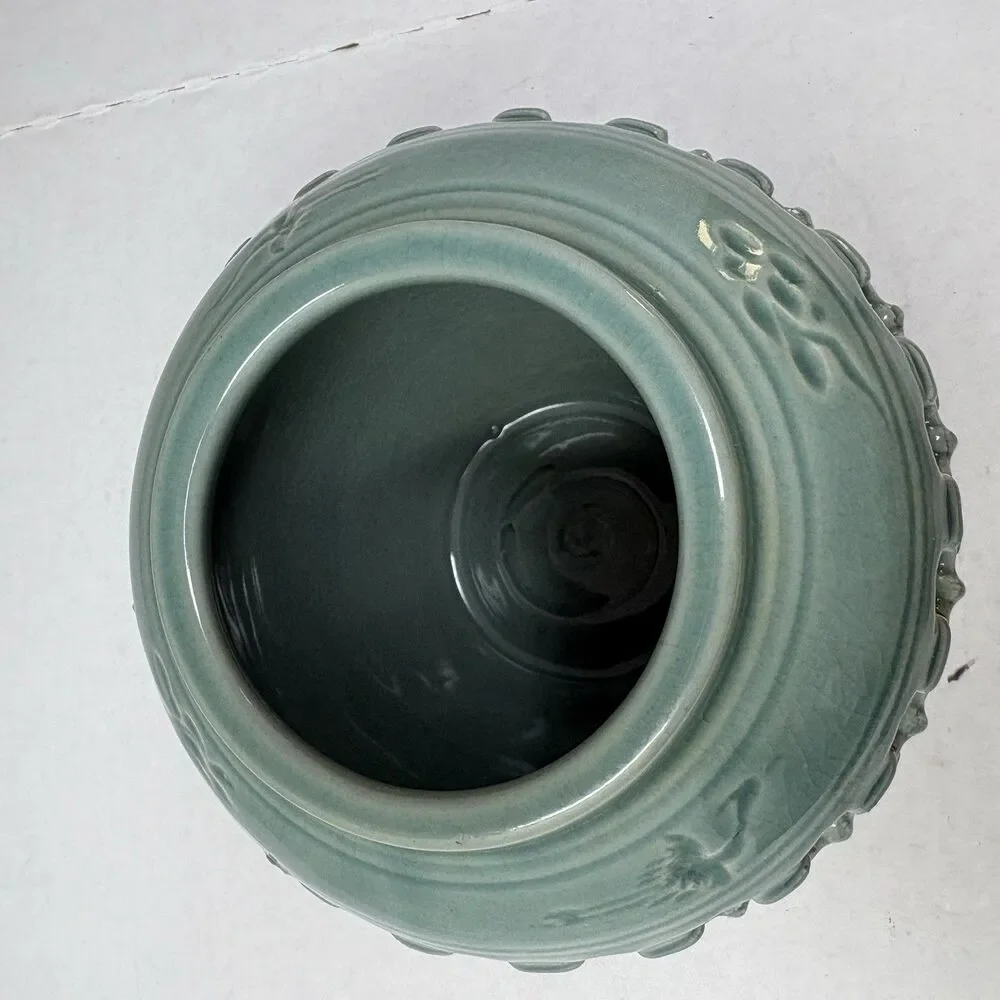 Korean Celadon Double Wall Openwork Vase W/Inlaid Crane & Cloud Motif 5” x 6”